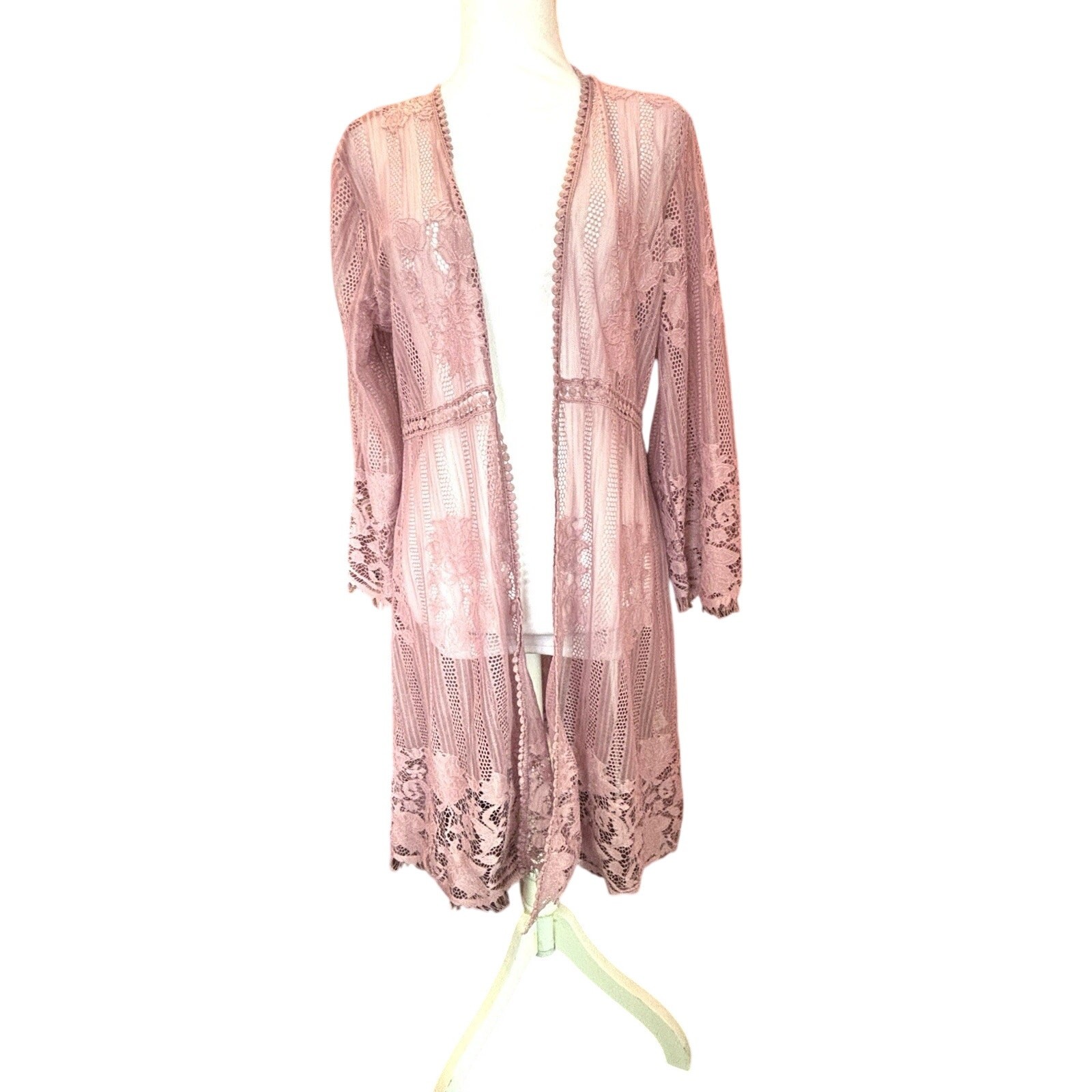 Me & U Sheer Lace Crochet Duster Cover Up Dusty Mauve Sz M Boho Chic Fairycore