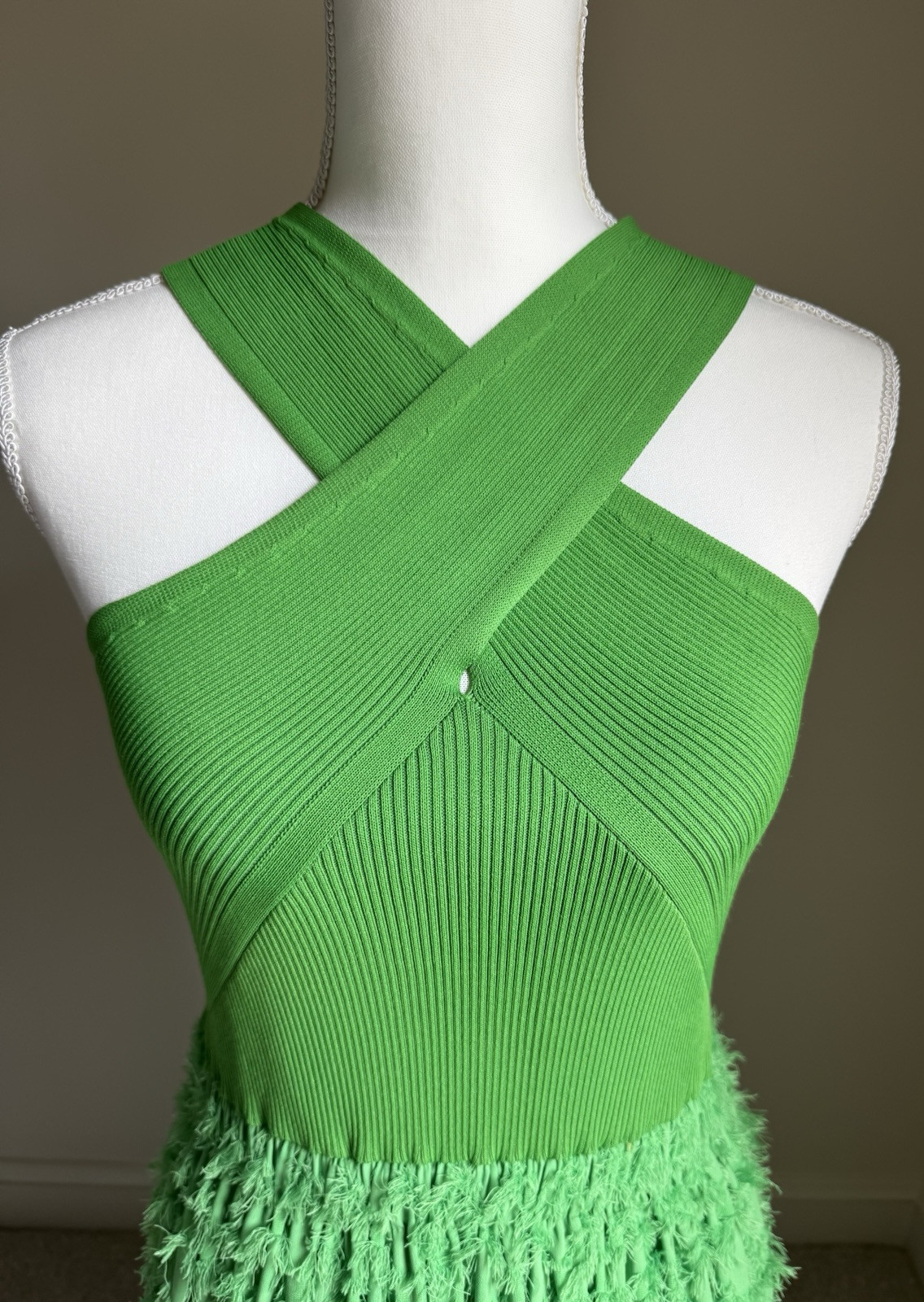CURRENT AIR Green Apple Goddess Fringed Knit Halter Dress Sz M
