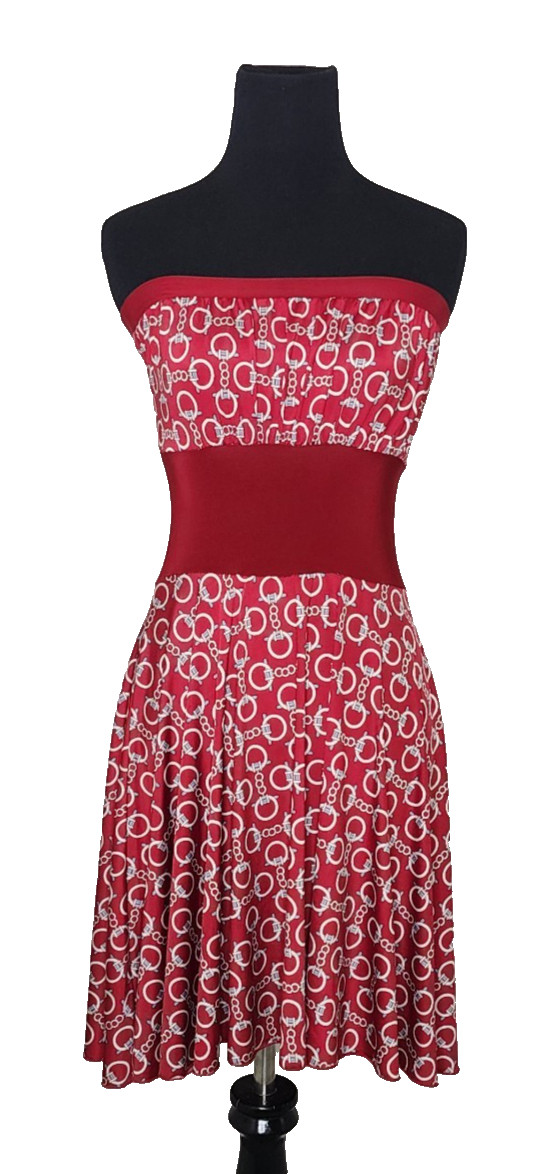 Womens Wine Red & Blue and Ivory Strapless Flare Party Dress M Coastal Preppy