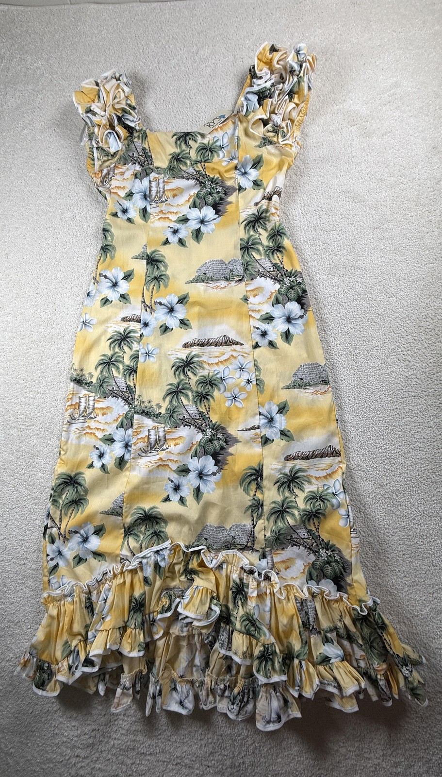 KP’s Hawaii Muumuu Dress Womens L Yellow Floral Cotton Sundress Ruffle Hawaii
