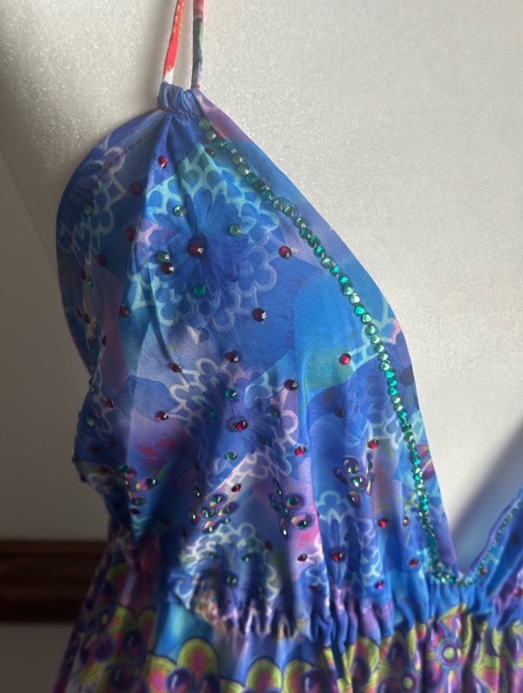 India Boutique, Women’s Long Backless Halter Dress Blue Purple Pink (Free Size)