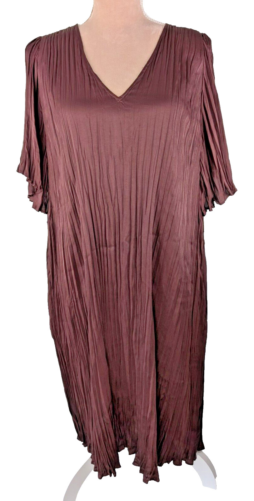 Vince Pleated Satin Flutter Midi Dress in Oxblood Red Brown Large Classic