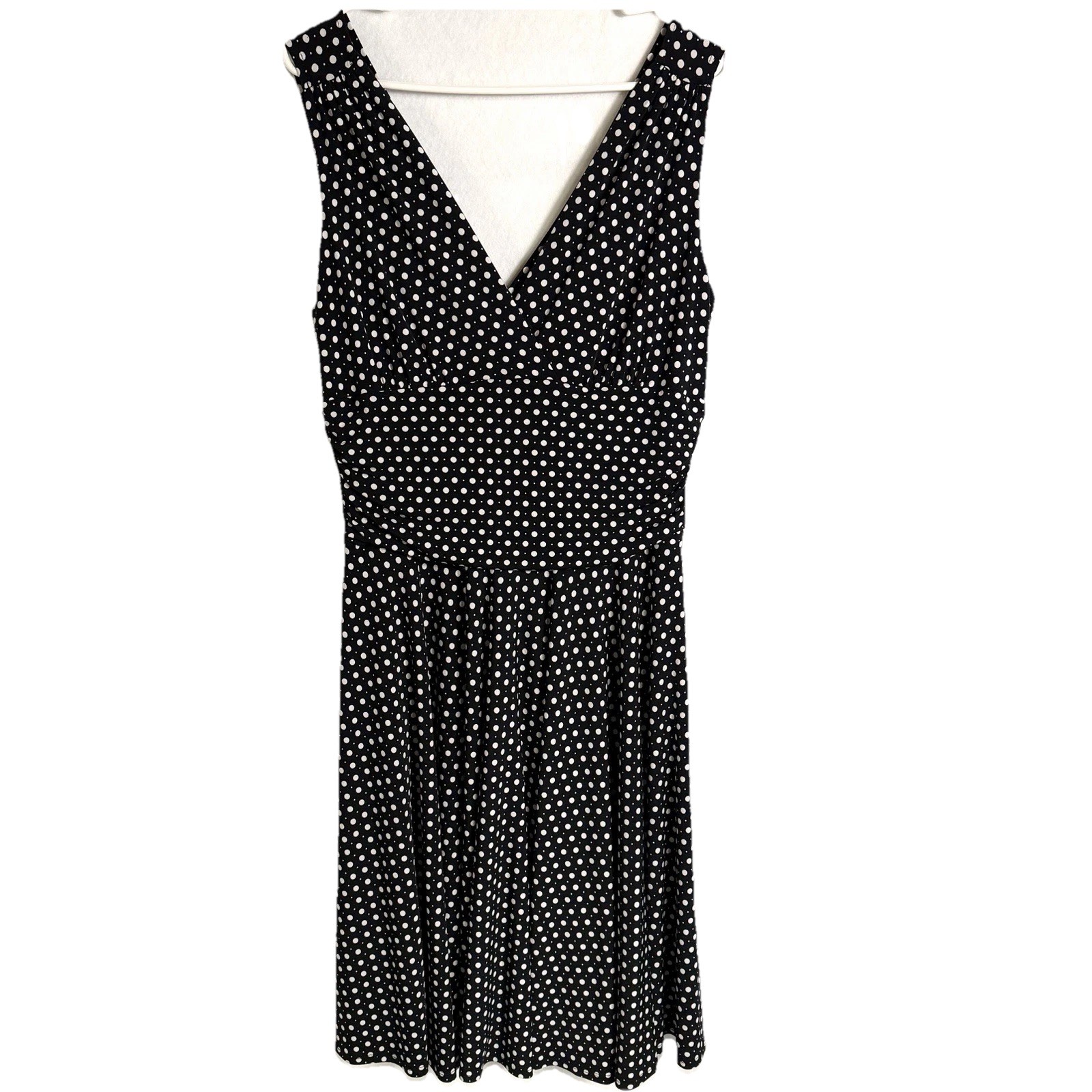Vintage Polka Dot Empire Waist Midi Dress Womens 10 Black Sleeveless Retro Pinup