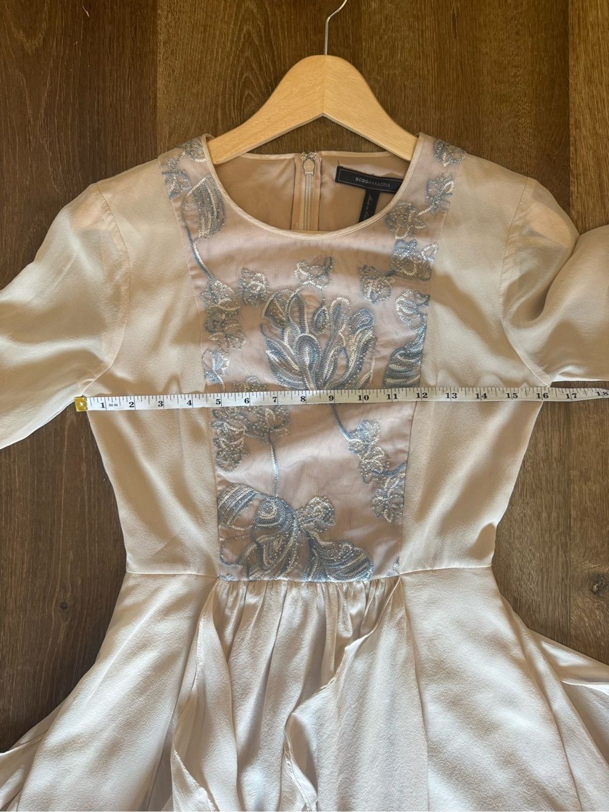 BCBGMAXAZRIA Silk Blush Embroidered Mesh Handkerchief Hem Dress XS Romantic