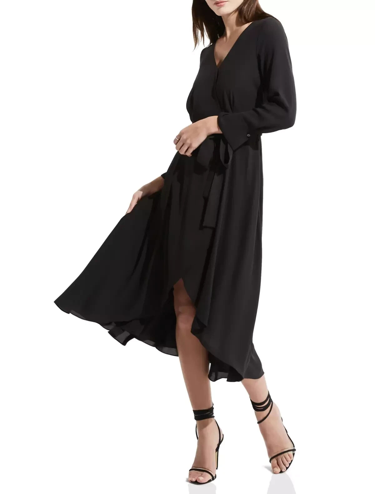 BAILEY 44 Olympia Solid Dress Size 4 Black NWT Surplice High Low Slit Midi Belt