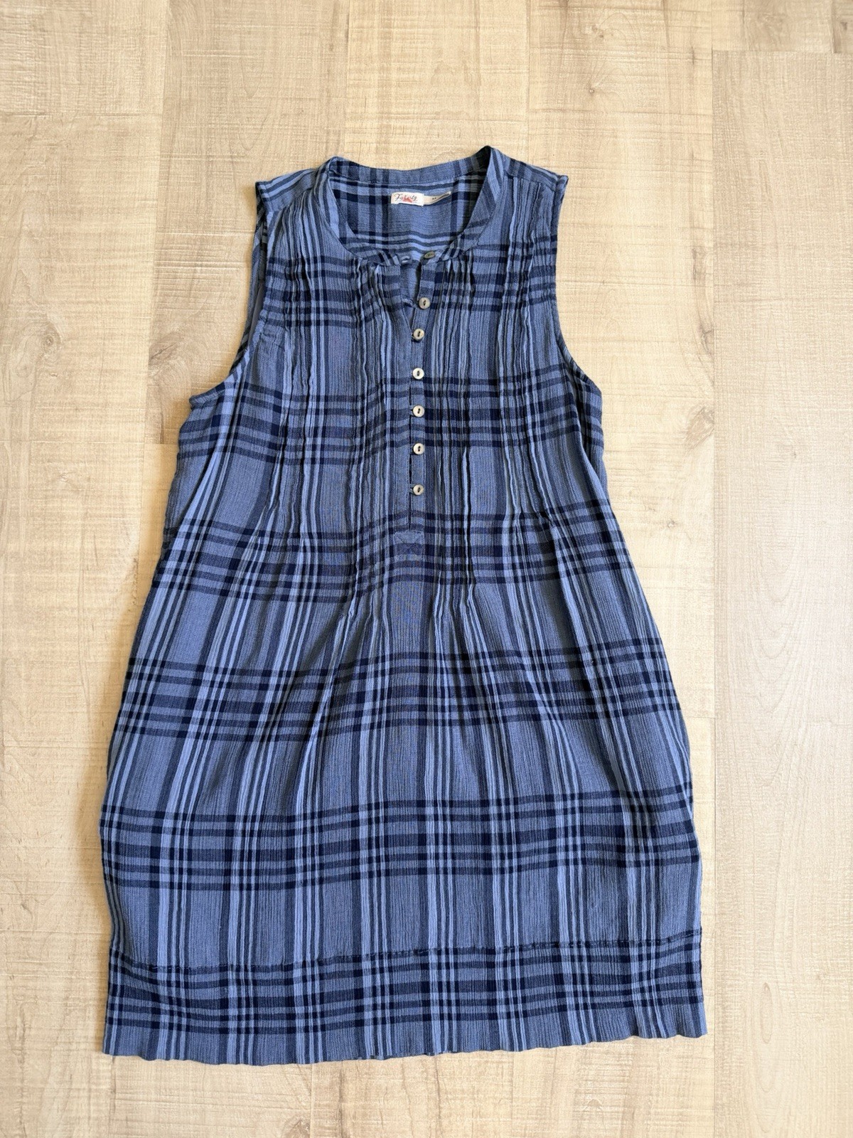 Faherty Blue Plaid Shift Dress Round Neck Button Front Organic Cotton Modal M