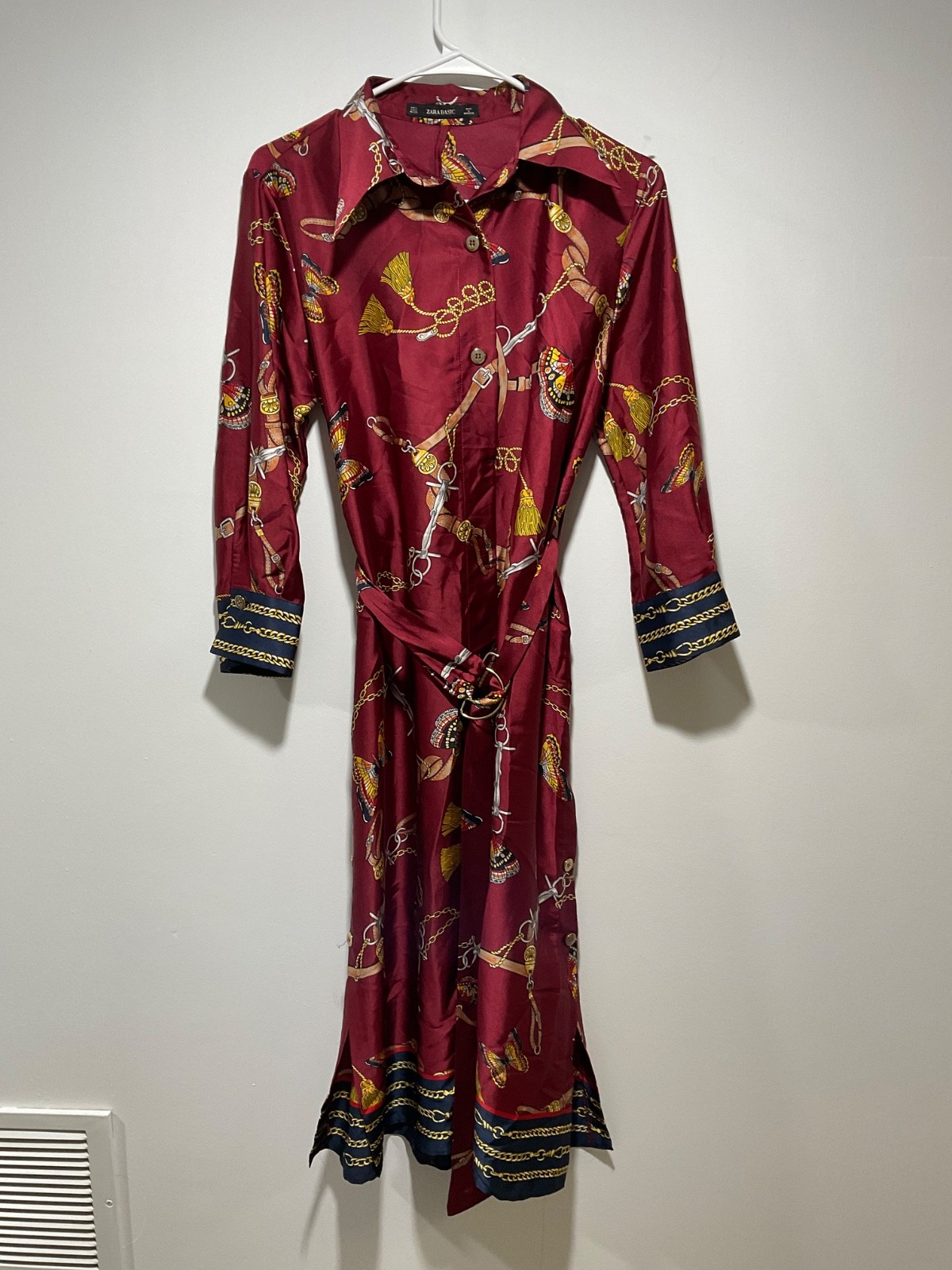 ZARA Scarf Print Satin Long Sleeve Button Midi Dress Sz S Equestrian