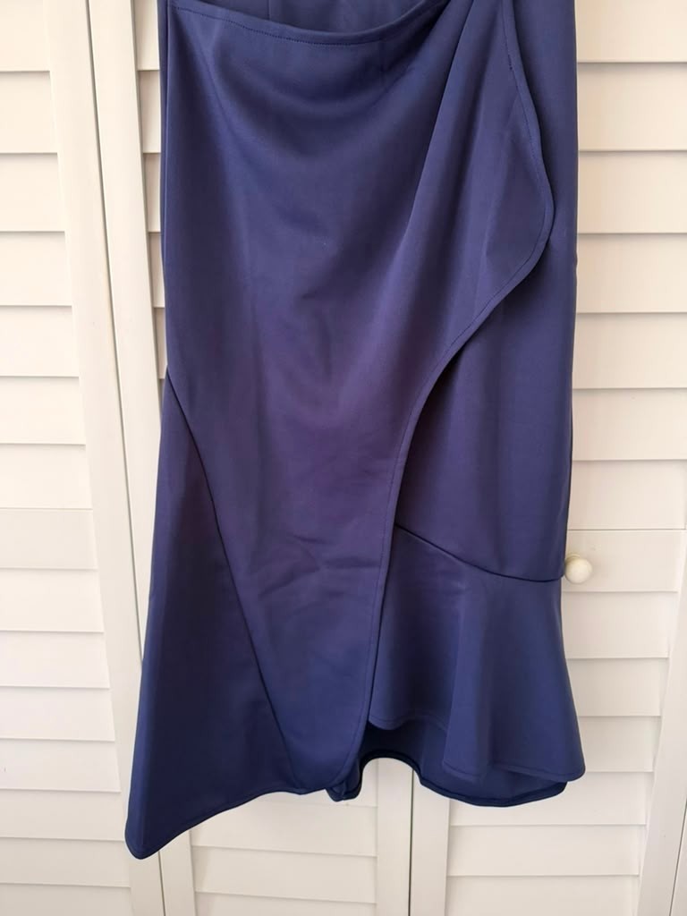 Elegant Navy Blue Sleeveless Draped Wrap Midi Dress Side Slit Lined Size M