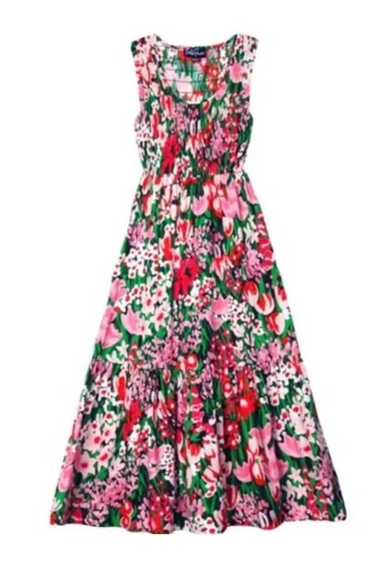 New Lesley Evers Smocked Sleeveless Nadia Floral Midi Dress Womens Medium NWOT