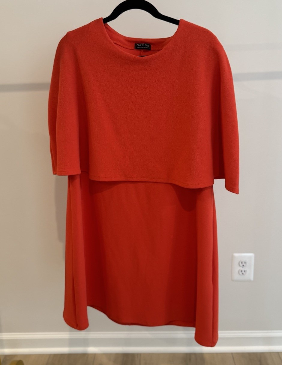 Pink Clove Women’s Plus Size 18 Orange/Coral Solid Shift Cape Sleeve Dress