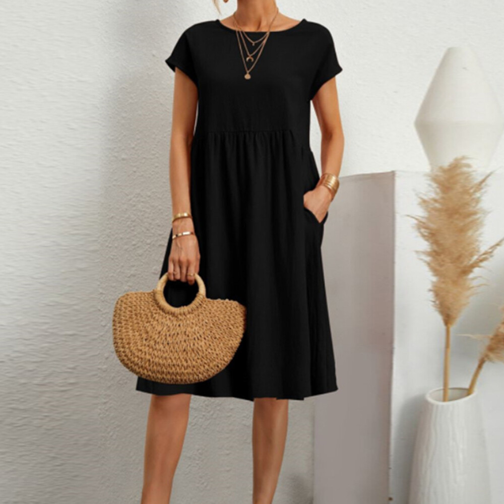 Women Crew Neck Cotton Linen Dress Solid Casual A-Line Short Sleeve Sundress US