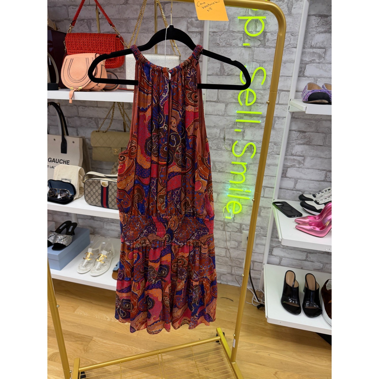 ALC Cory Silk Mini Dress Paisley Halter Smocked Waist Tiered Ruffle Orange Red 6