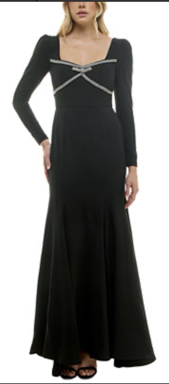 Taylor black long-sleeve crepe gown sweetheart neckline Rhinestone Bow Size 10
