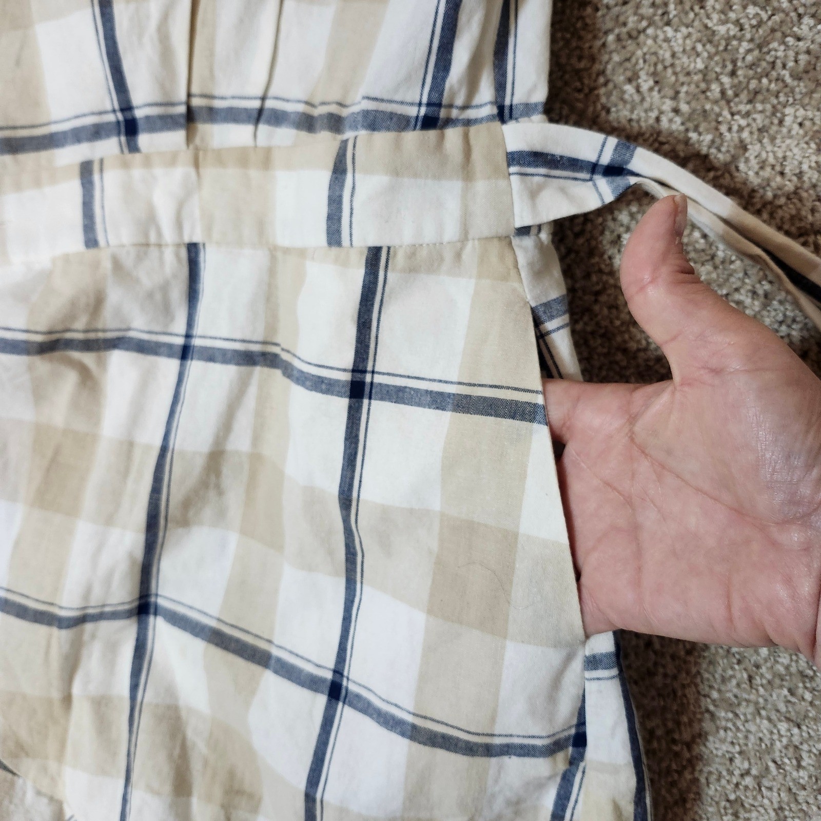JOA Wrap Dress Tan Navy Blue Plaid Ruffle Hem Preppy Size M