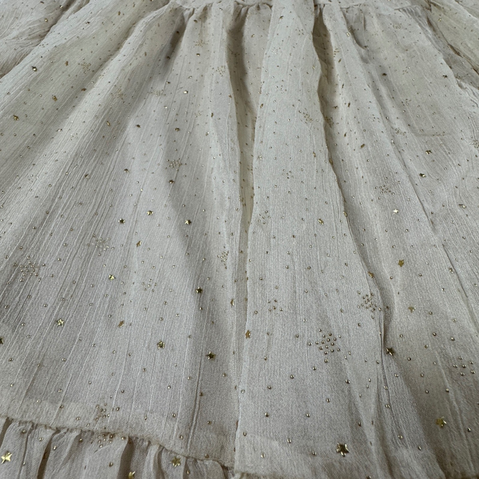 Storia Gold Star Tiered Maxi Dress Beige Tassel Boho Celestial Flowy XS Cottage