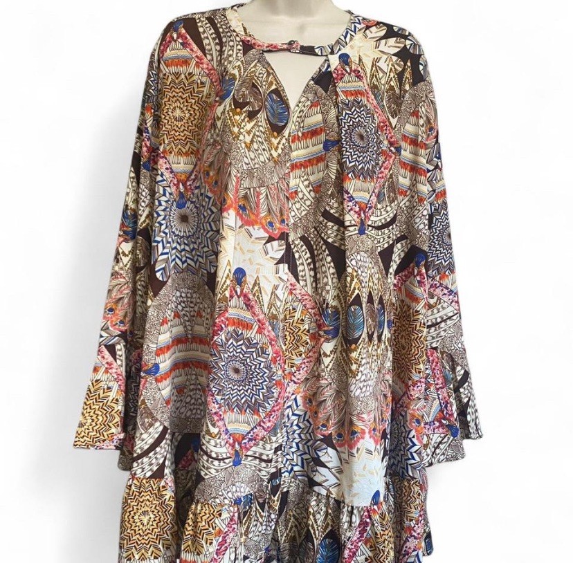 Umgee Bohemian Multicolor Printed Bell Sleeve Ruffle Hem Mini Dress Size M