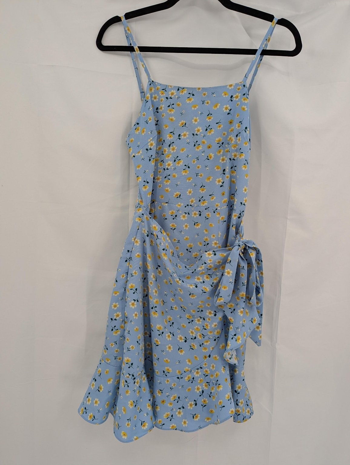 ROMWE Women’s Blue Yellow Floral Ruffle Wrap Dress S US 4 Spaghetti Strap Mini