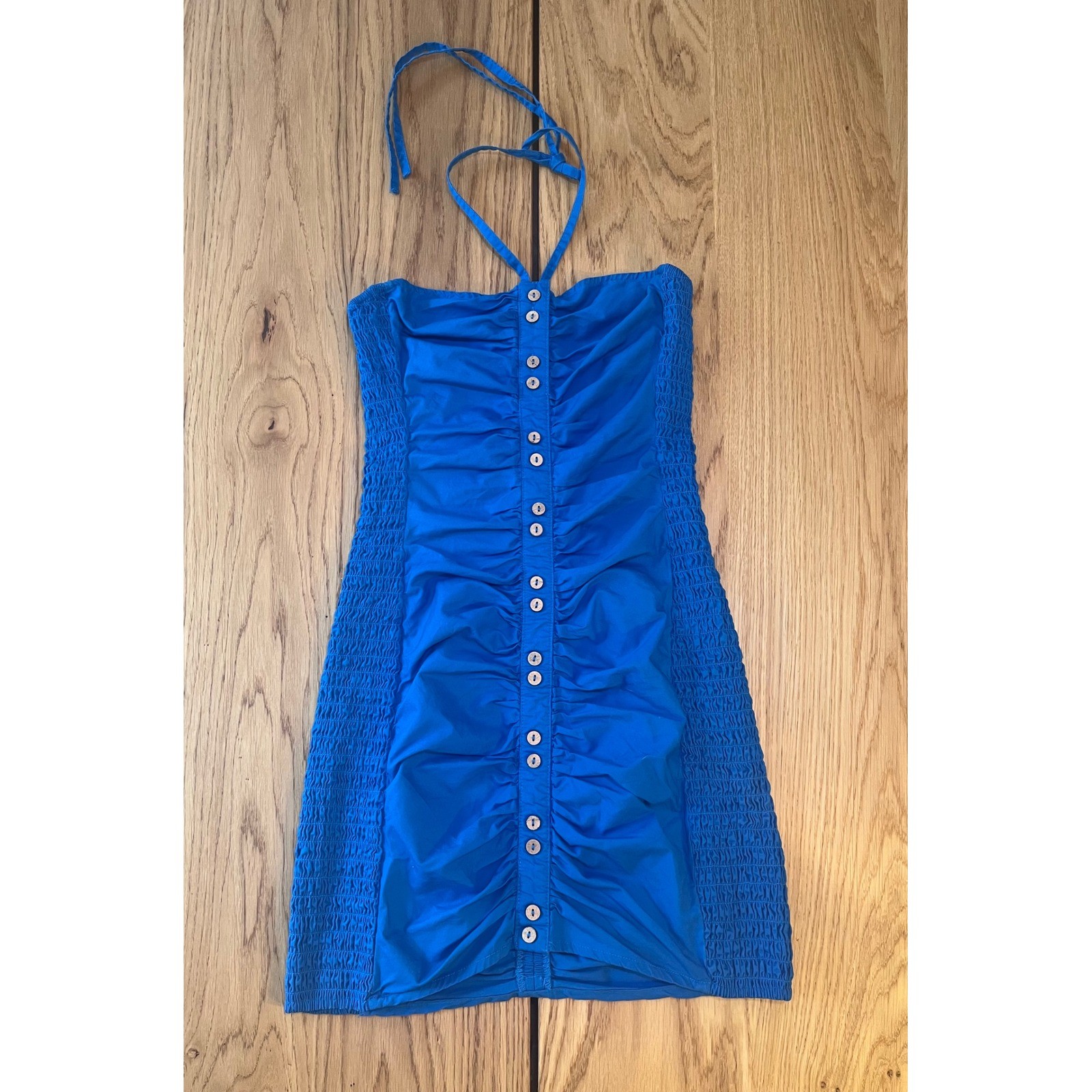 Free People Halter Ruched Mini Dress Small Blue Smocked Party