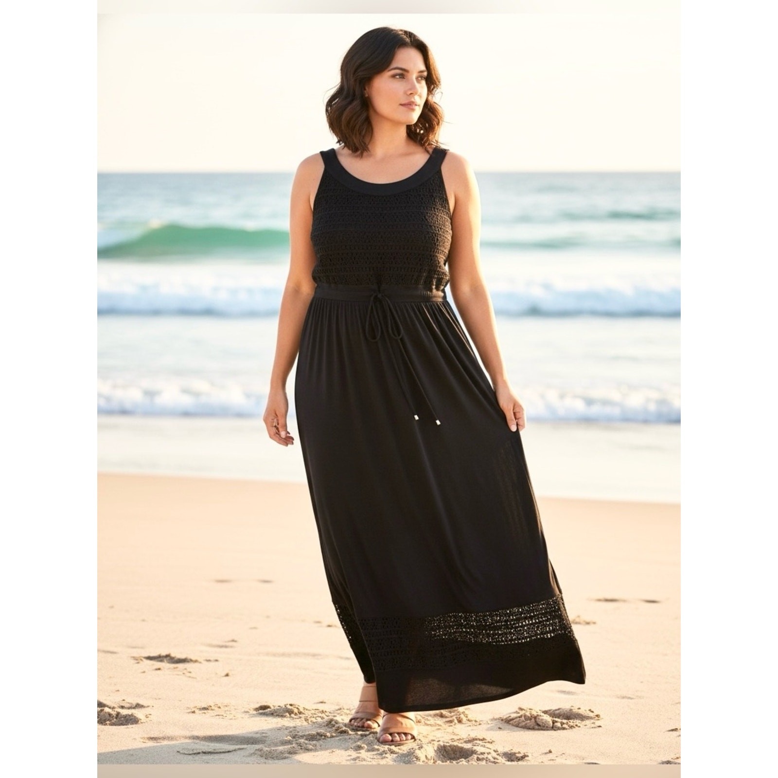 NWT Catherines Solid Black Sleeveless Crochet-Trim Jersey Knit Maxi Dress 14/16W