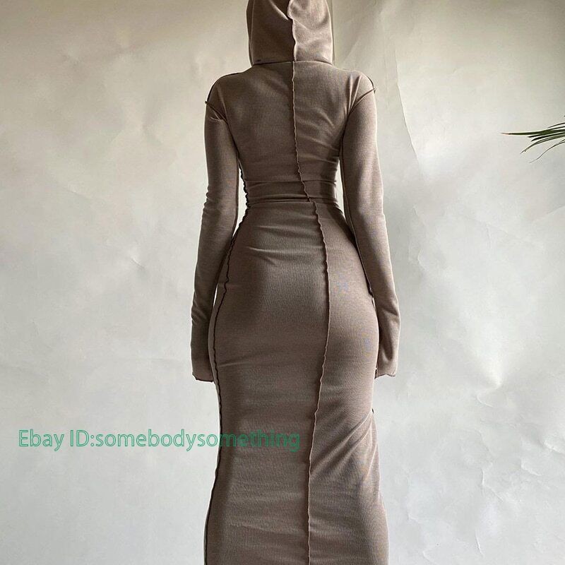 Long Sleeve Hooded Patchwork Skinny Maxi Dress Autumn Winter Women Fashion
