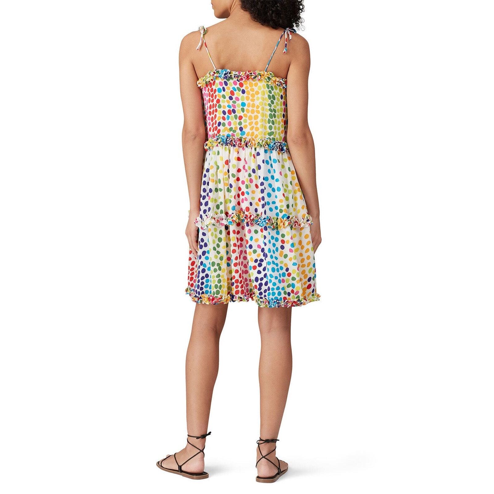 All Things Mochi Blessica Rainbow Polka Dot Print Tiered Silk Mini Dress Sz S