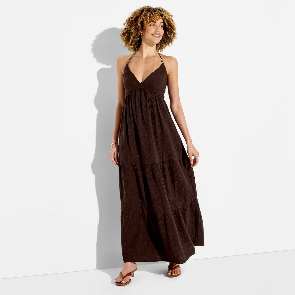 Women Gauze Halter Maxi Dress – Wild Fable Dark Brown M