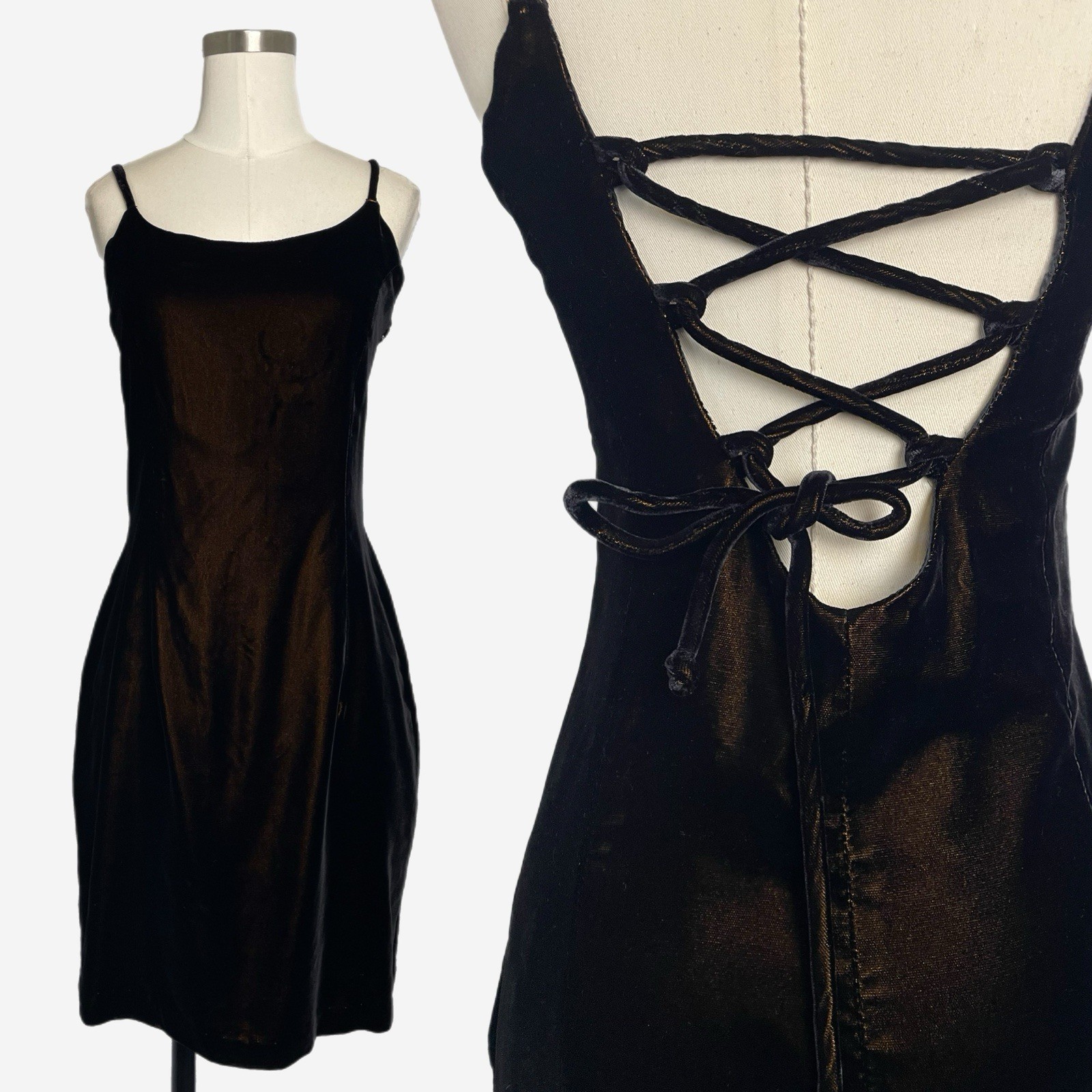 Vintage 90s Elizabeth Wayman brown velvet mini dress lace up back medievalcore S