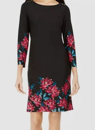 Pappagallo Women’s Black Floral Shift Stretch Dress Crew Neck 3/4 Sleeve Size XL