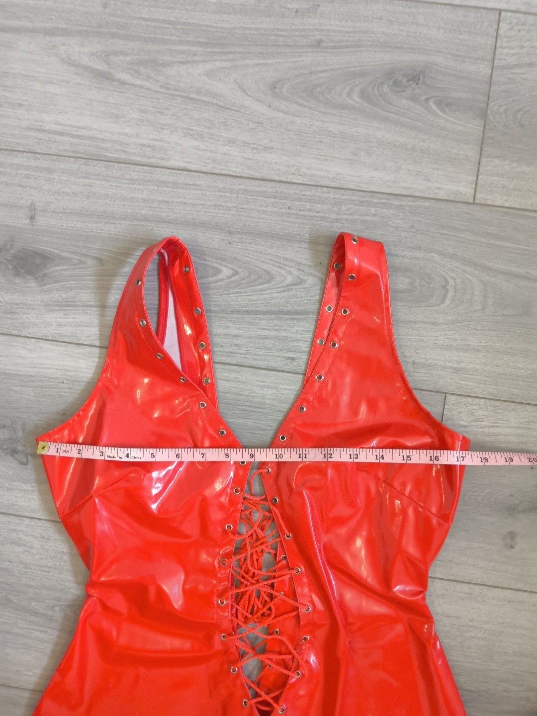 BNWOT Bright Red PVC Plunge Neck Lace Up Front & Back Bodycon Dress Size 10-14