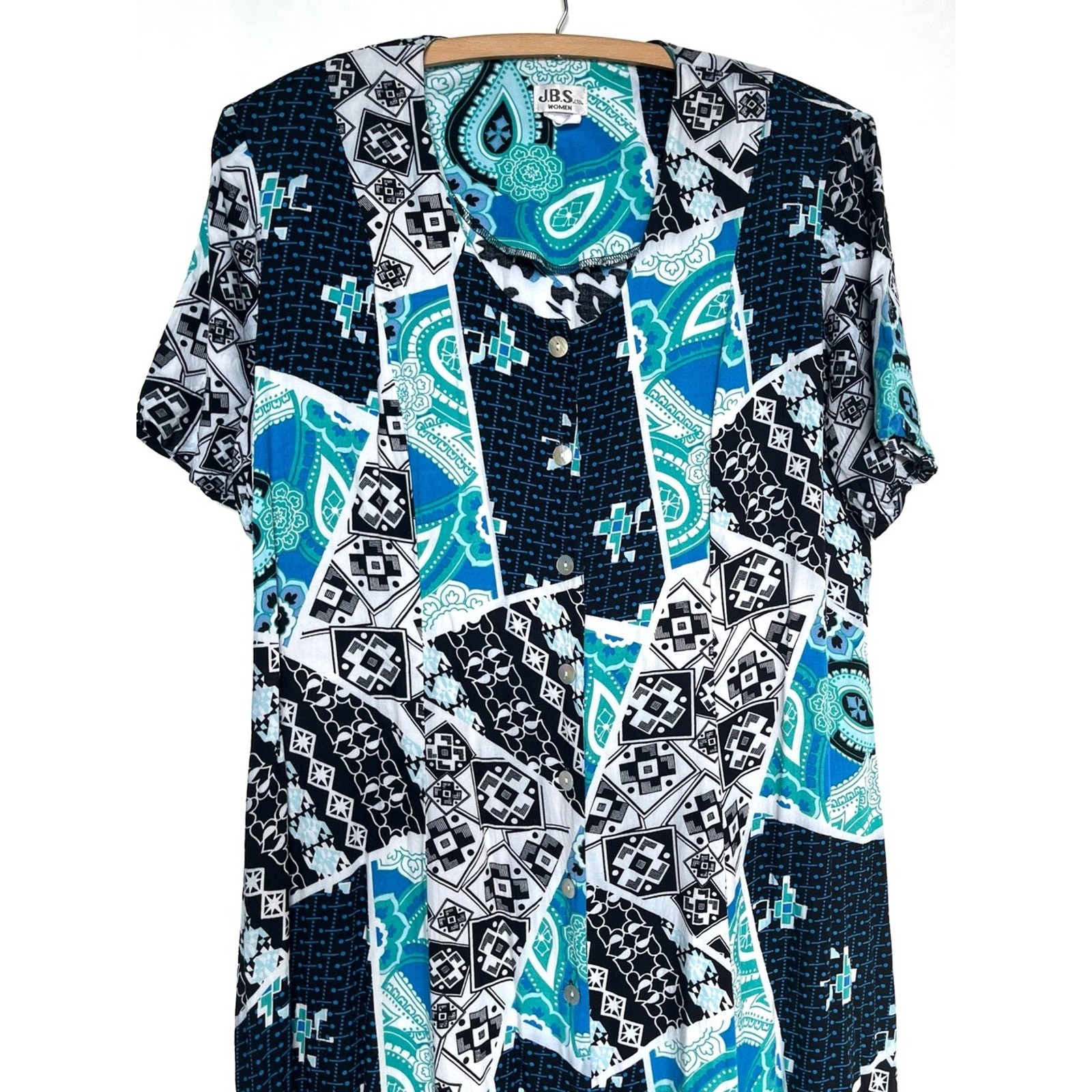 Vintage 90s Mixed Print Maxi Dress Size 1X Button Front Teal Black Paisley Soft