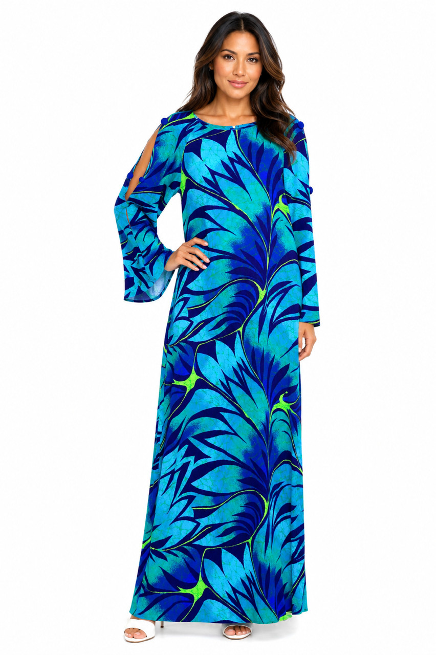 Kay O’Kauai Hawaii Tropical Print Split Long Sleeve Hostess Maxi Dress 12 US = L