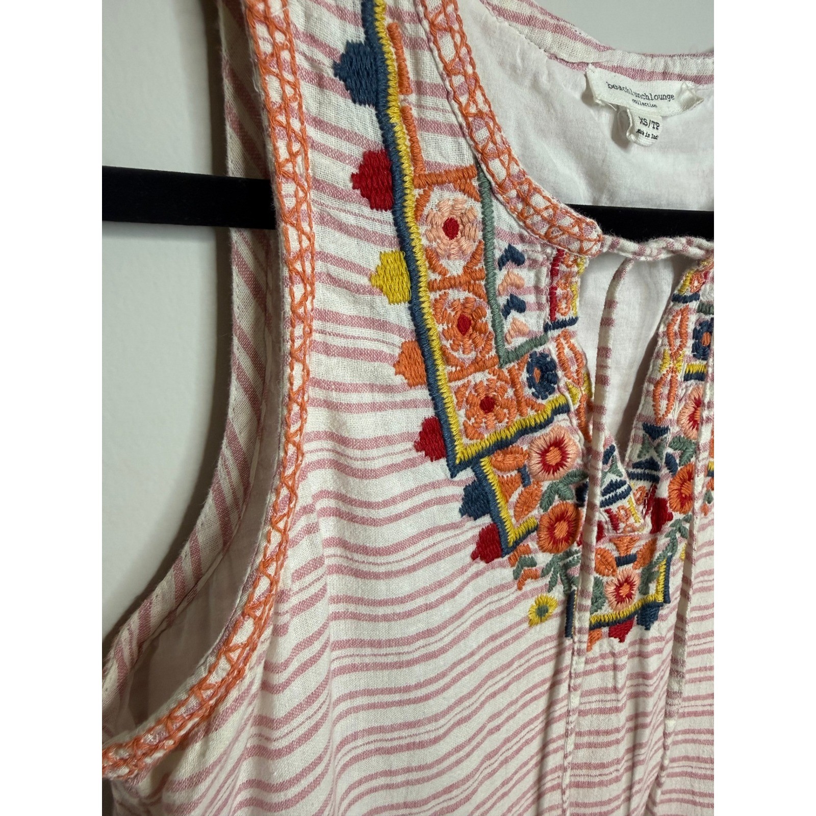 BEACHLUNCHLOUNGE Striped Pink Rose Embroidered Boho Linen Blend Daphine Dress XS