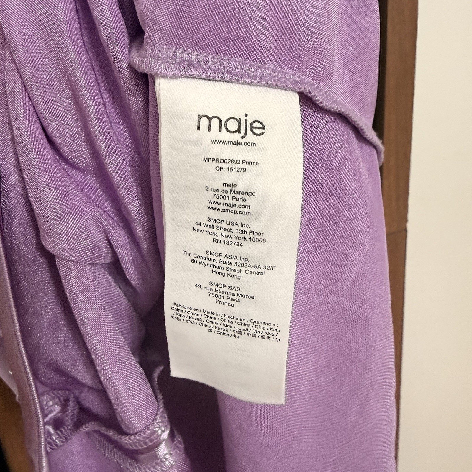 Maje Purple Satin One Shoulder Ruched Rhinestone Mini Dress Zip Long Sleeve 34