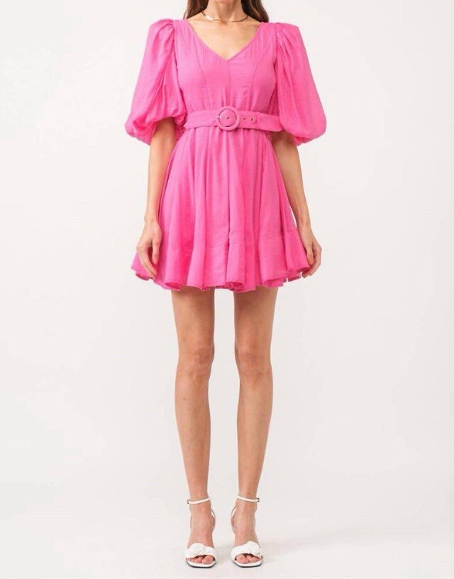Sofie The Label Size M Milla Dress Fuchsia Pink Mini Belted Puff Sleeve NWT