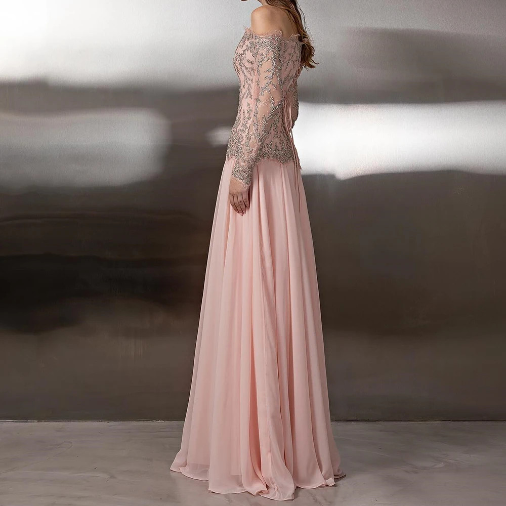 Off Shoulder Long Sleeve Illusion Beaded Pink Chiffon A Line Formal Evening Gown