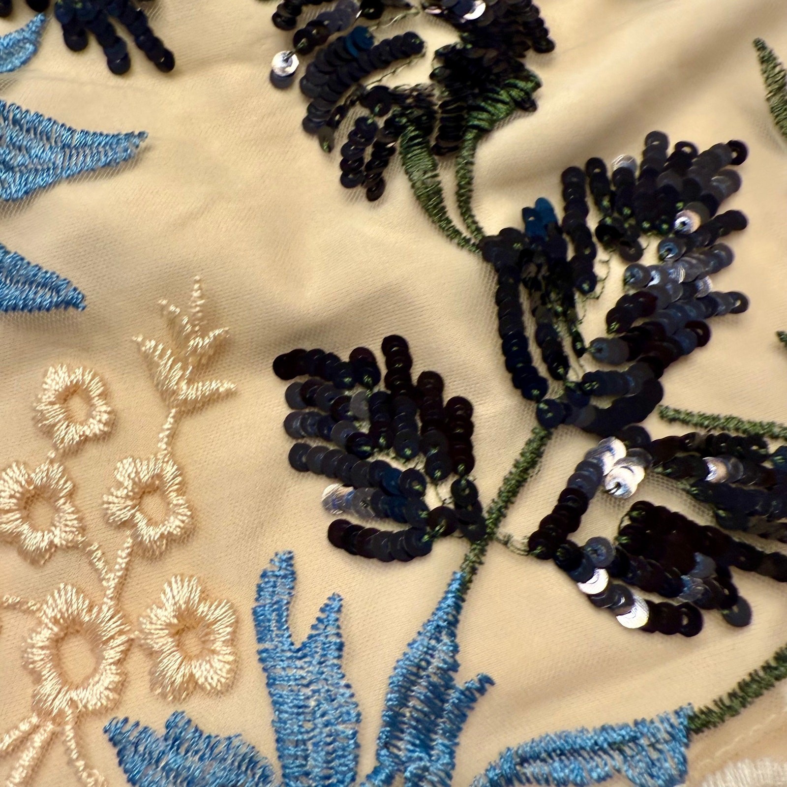 Lulus Embroidered Tulle Midi Dress S Beige Blue Black Floral Sequin Ruffle Strap