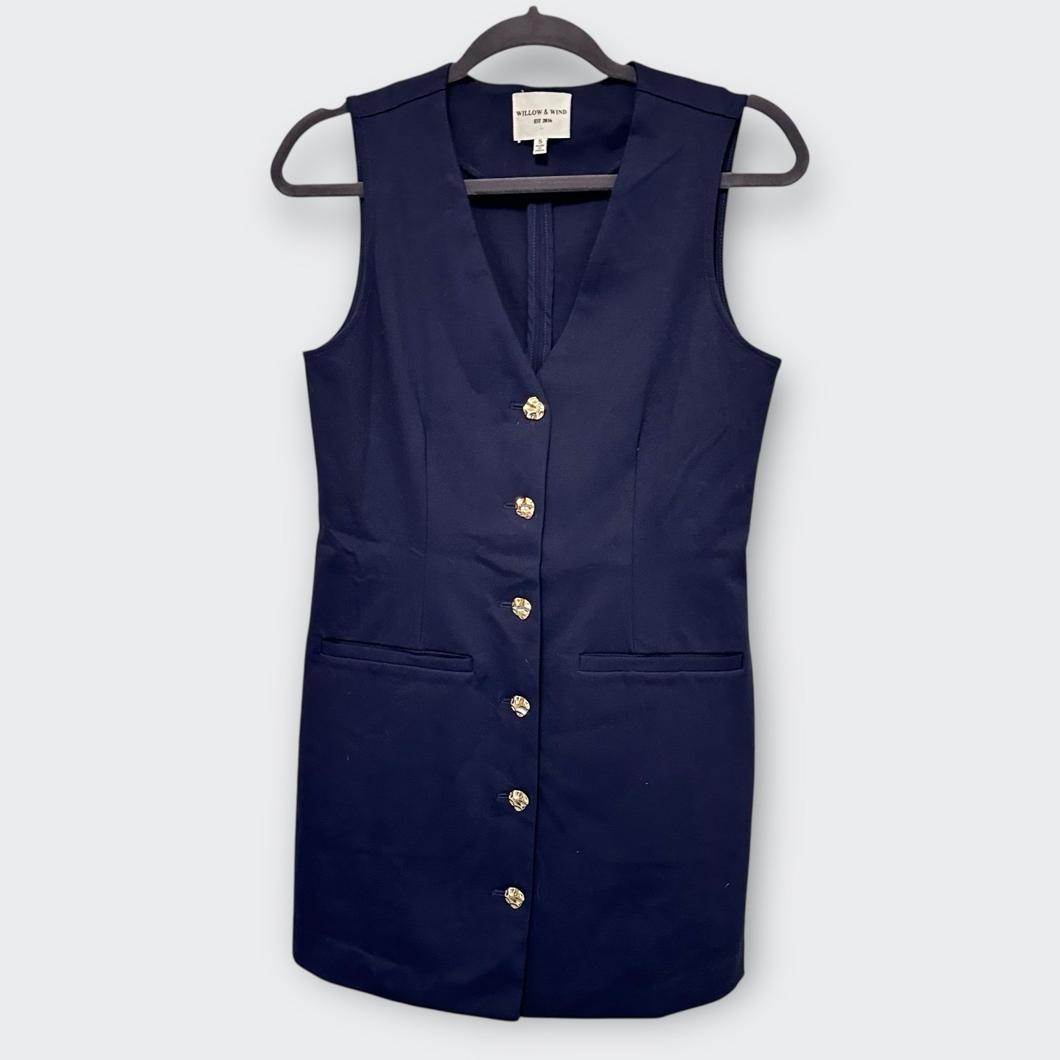 New WILLOW & WIND Navy Blue V-Neck Mini Vest Dress S Gold Button Preppy Classic