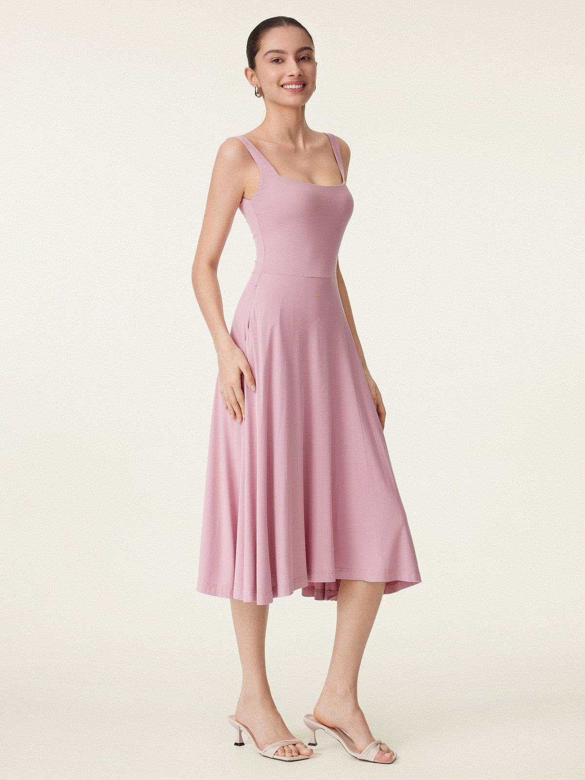 Hot Deal OGLMOVE Square Neck Flowy New Airy Bra Midi Dress