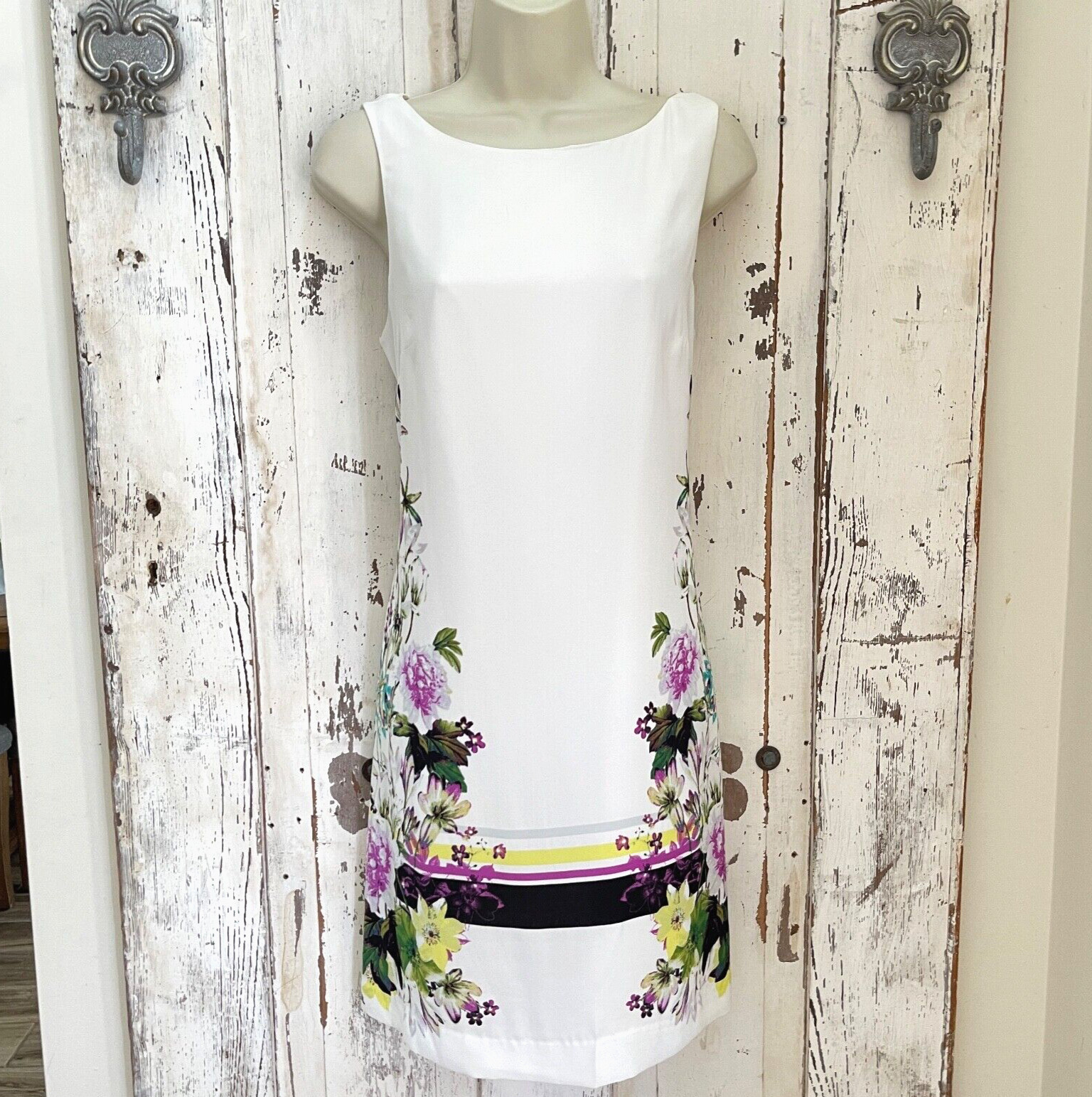 Worthington Sz 4 Woman’s White Purple Green Yellow Floral Striped Shift Dress