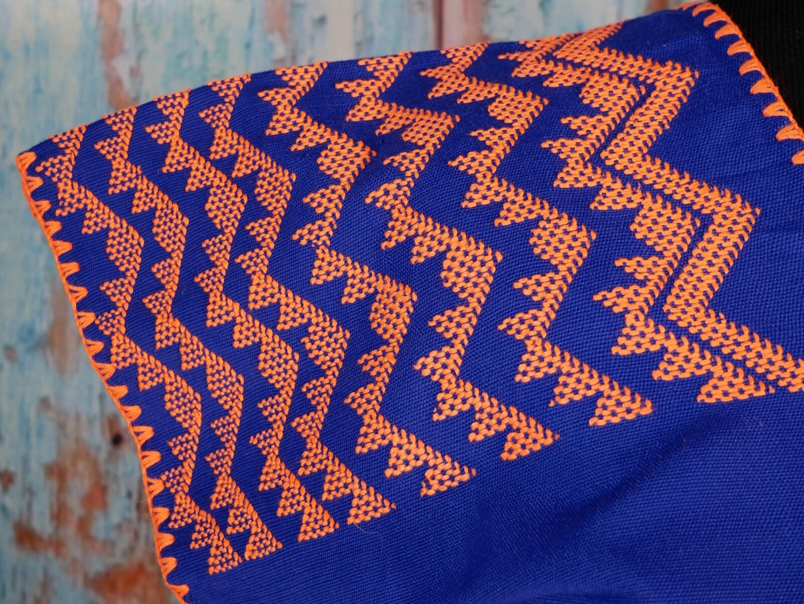 M/L Huipil Kaftan Handwoven Blue & Orange Crabs San Juan Colorado Oaxaca Mexico