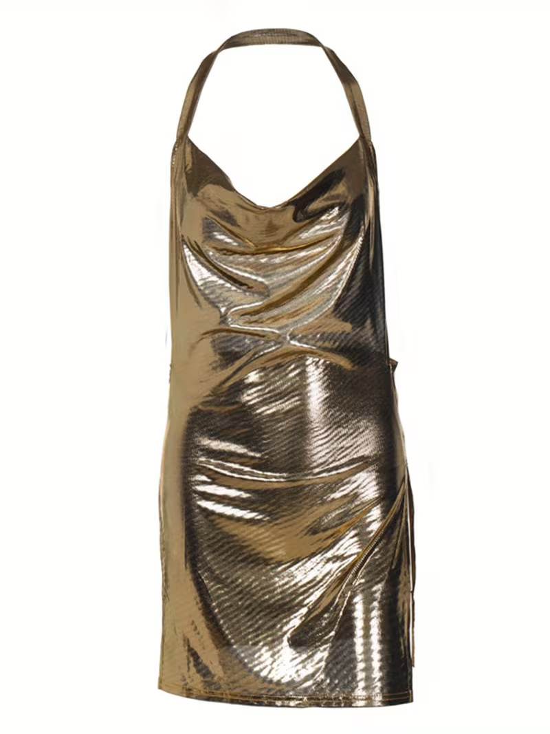 Small Gold Sequin Glitter Bodycon Backless Side Cuts. Glamorous Sexy Halter!