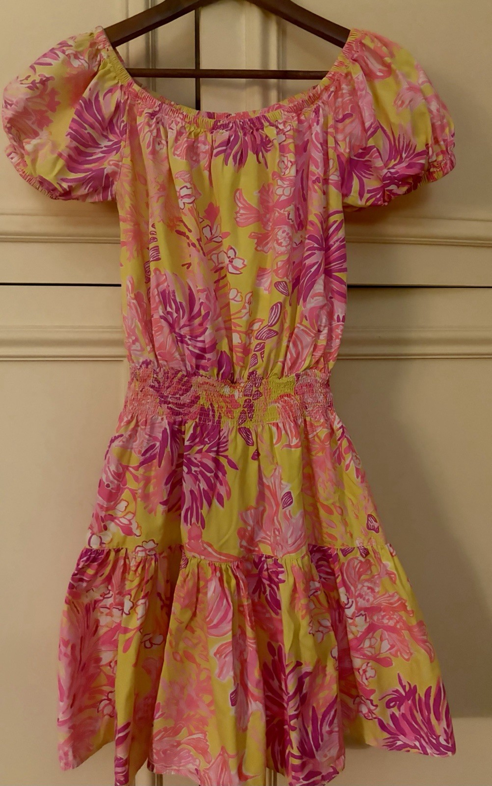 Lilly Pulitzer Women’s Floral Yellow Pink Purple Off Shoulder Smocked Dress S