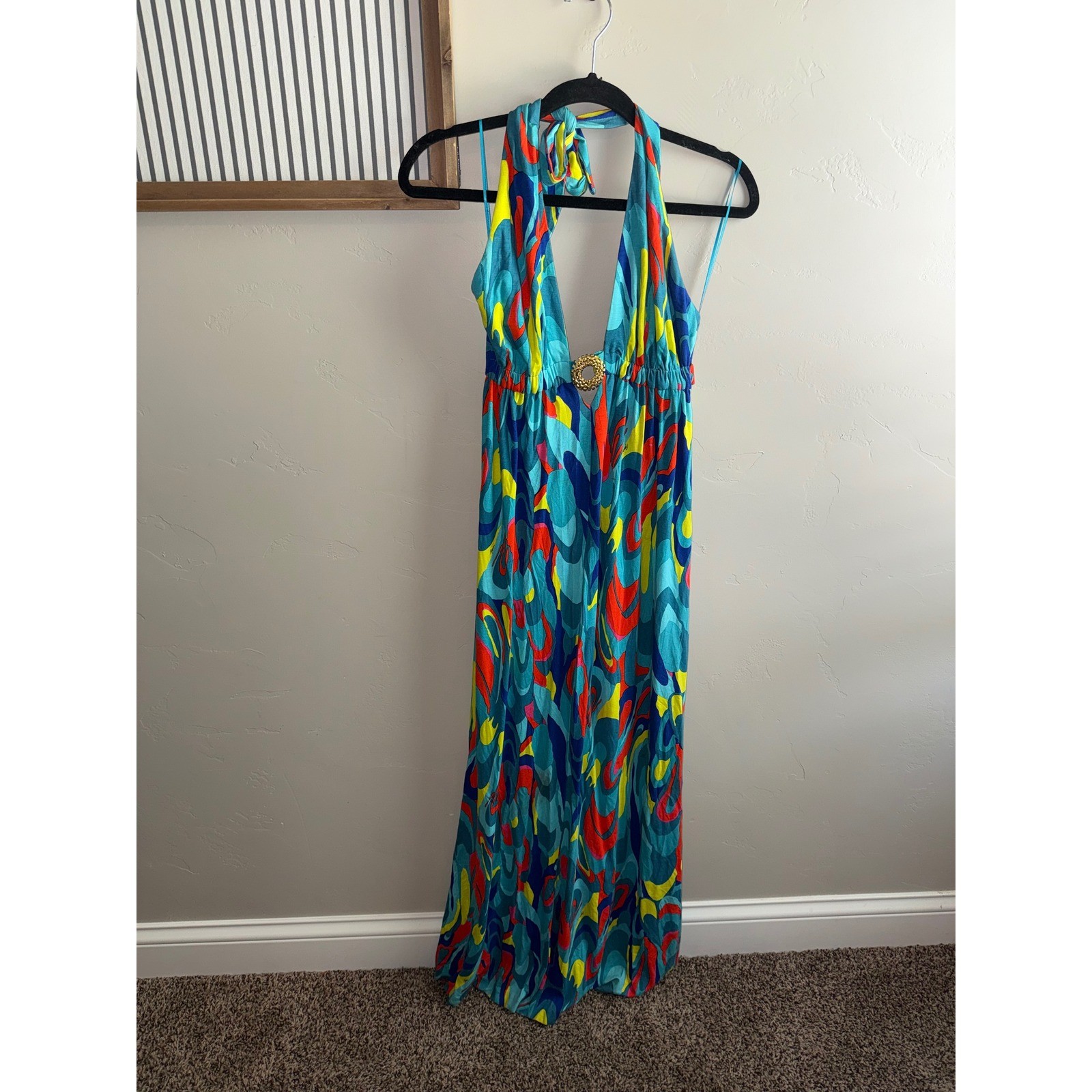 Trina Turk Halter Maxi Dress Blue Orange Swirl Print Gold Ring Detail Size 2
