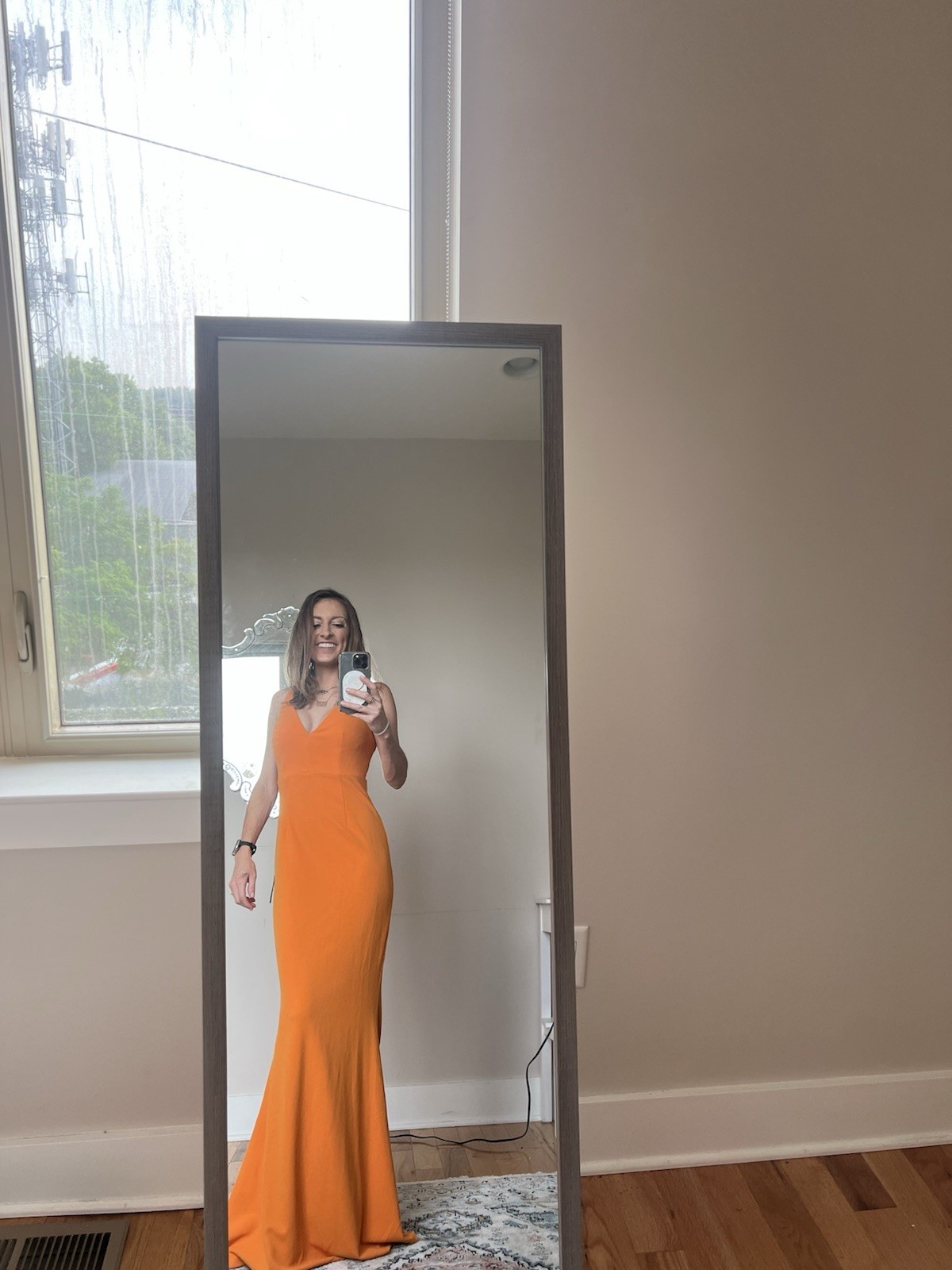 Orange Knit Ruched Stretch Maxi Bodycon Dress SZ XS/TP V-Neck Sleeveless