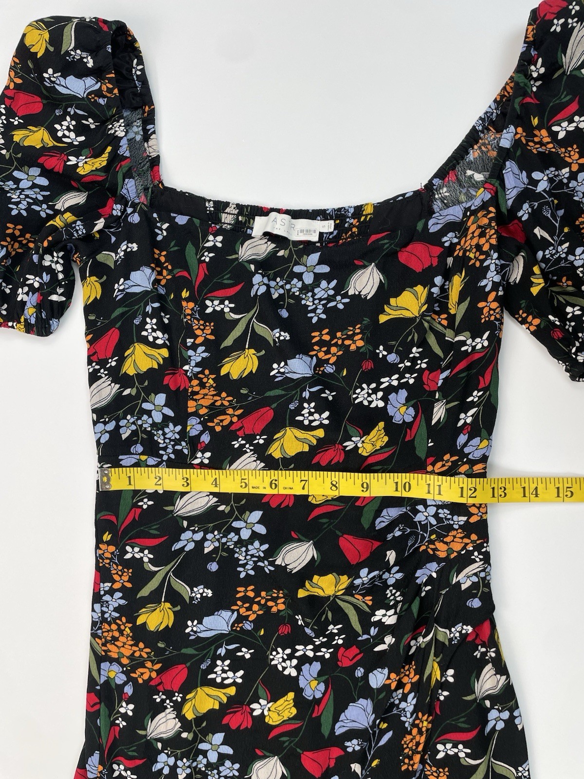 ASTR the Label Black Floral Puff Sleeve Front Slit Midi Dress S Cottage Boho
