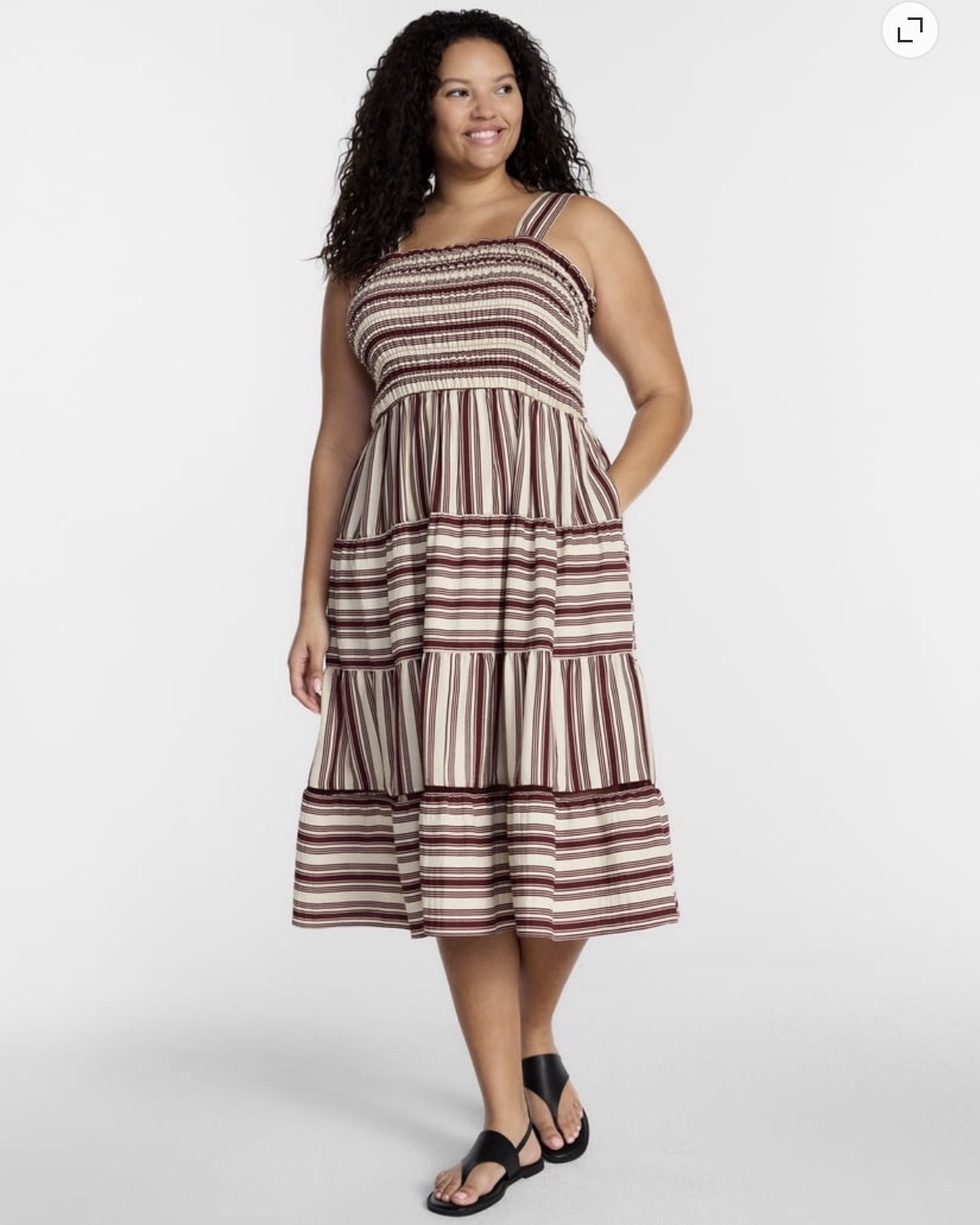Terra & Sky 4X Plus Striped Square Neck Smocked Tiered Midi Dress Pockets