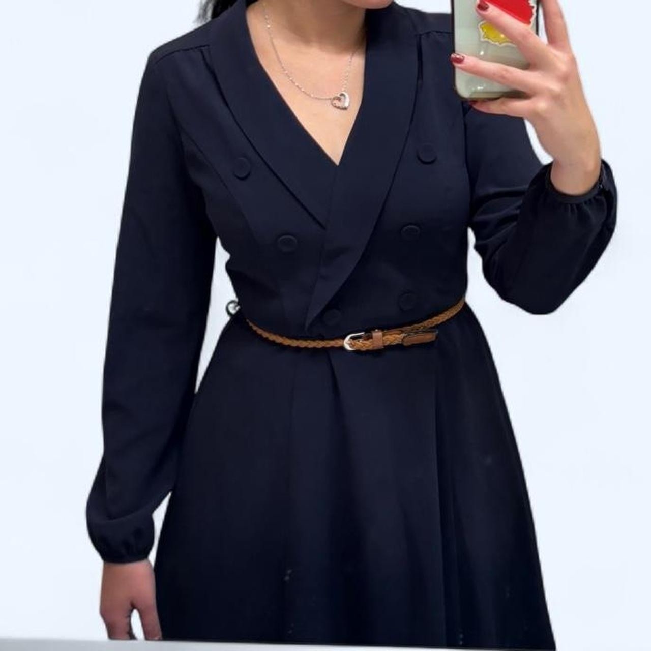 Navy blue midi dress with collar, button-up front, and long sleeves from Review