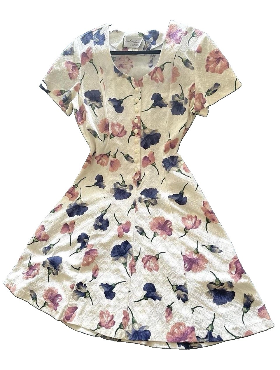 Vintage 90s Ms Conduct White Floral A-Line Fit & Flare Sweetheart Button Dress M
