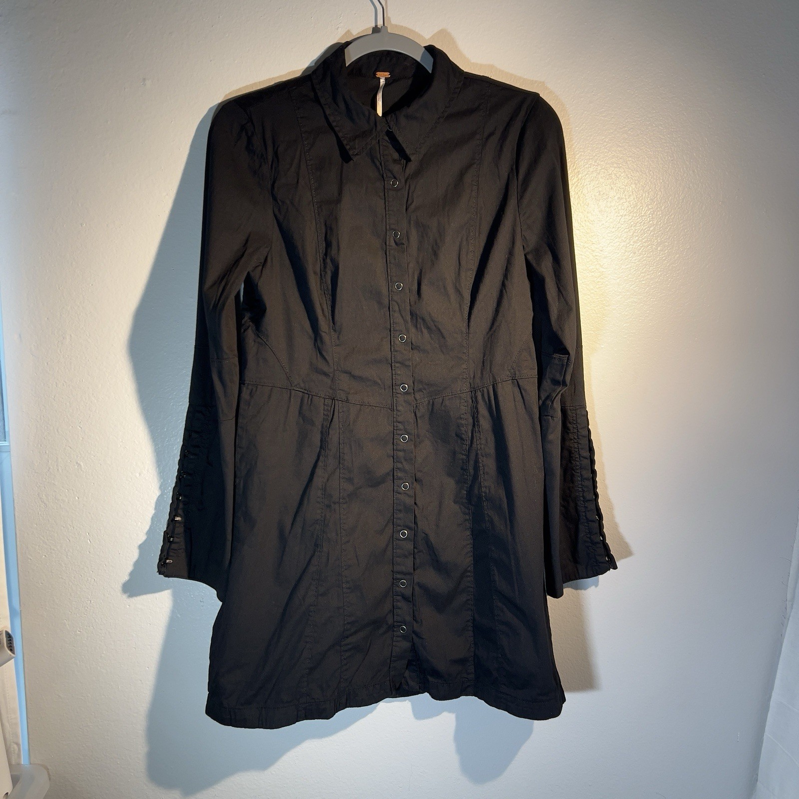 Free People Black Long Sleeve Snap Button Down Shirt Dress M Boho Goth