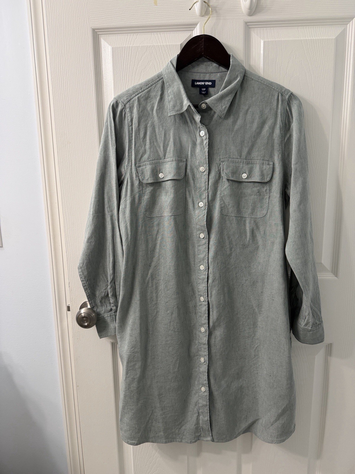Lands’ End Long Sleeve Shirt Dress Size 12P. Button Front. Sage Green Color